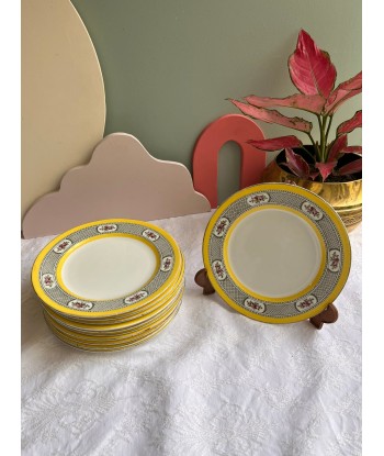 Onze assiettes à dessert en porcelaine anglaise Windsor England CMP - jaunes à décor de fleurs sur le site 