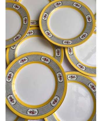 Onze assiettes à dessert en porcelaine anglaise Windsor England CMP - jaunes à décor de fleurs sur le site 