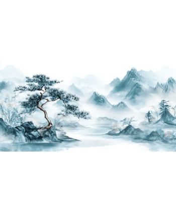 Panorama zen: Papier peint Arbres et Montagnes en aquarelle destockage