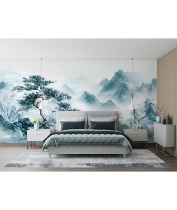 Panorama zen: Papier peint Arbres et Montagnes en aquarelle destockage