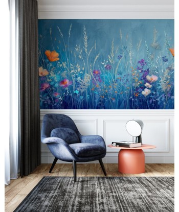 Harmonie Champêtre: Papier Peint Panoramique Floral Bleu & Orange Dans la société mordern