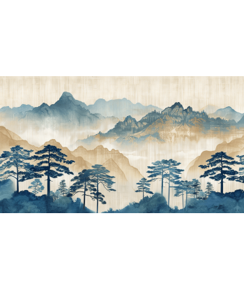 Évasion asiatique : Silhouettes de Montagnes et Forêt en stock