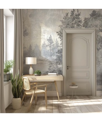 Toile de Jouy en Gris - Papier Peint Panoramique Nature Apaisante à prix réduit toute l'année