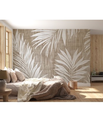 Nature Intemporelle : Papier peint feuilles blanches sur lin taupe acheter en ligne